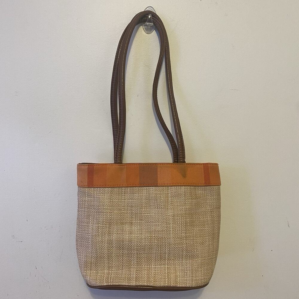VTG Y2K 00’s Bueno Leather Canvas Woven Straw Shoulder Tote Bag Beige Brown - Picture 6 of 9
